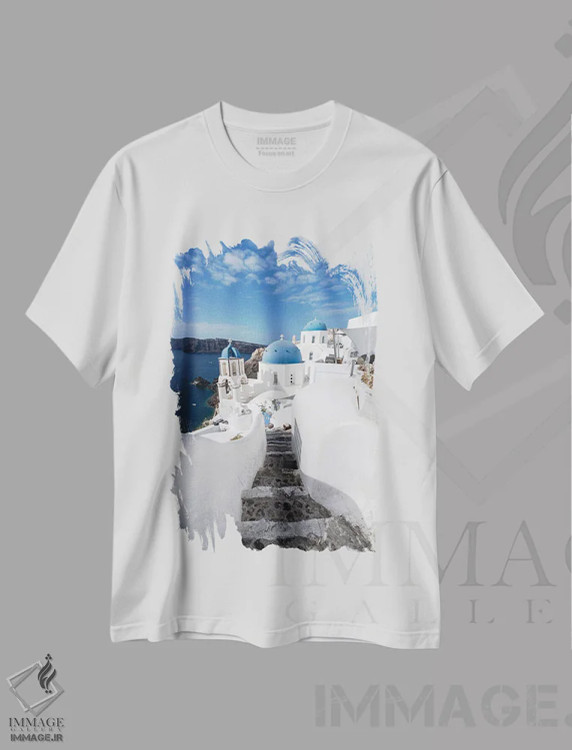 تیشرت سفید طرح دار Santorini, Greece,خانه های سفید در اویا، سانتورینی، یونان، مدیوم اثر یان بکه | immage.ir