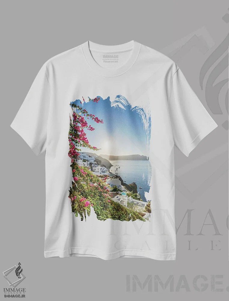 تیشرت سفید طرح دار Santorini, Greece,طلوع خورشید در اویا، سانتورینی، یونان، مدیوم اثر یان بکه | فروشگاه ایماژ