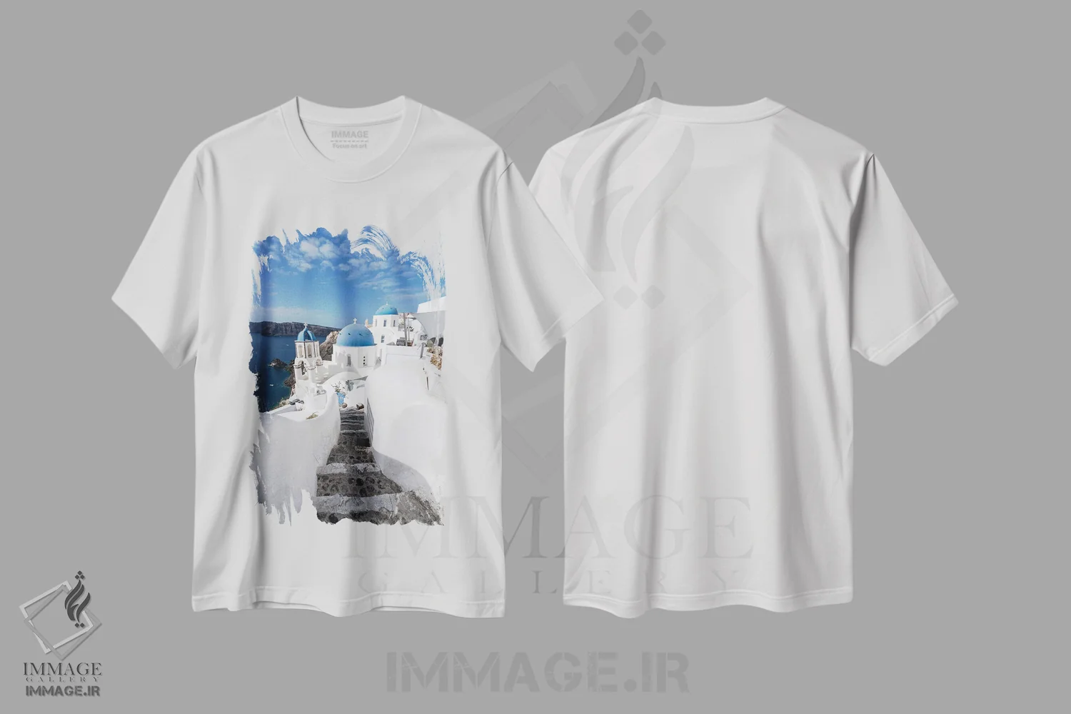 تیشرت سفید طرح دار Santorini, Greece,خانه های سفید در اویا، سانتورینی، یونان، مدیوم اثر یان بکه | immage.ir