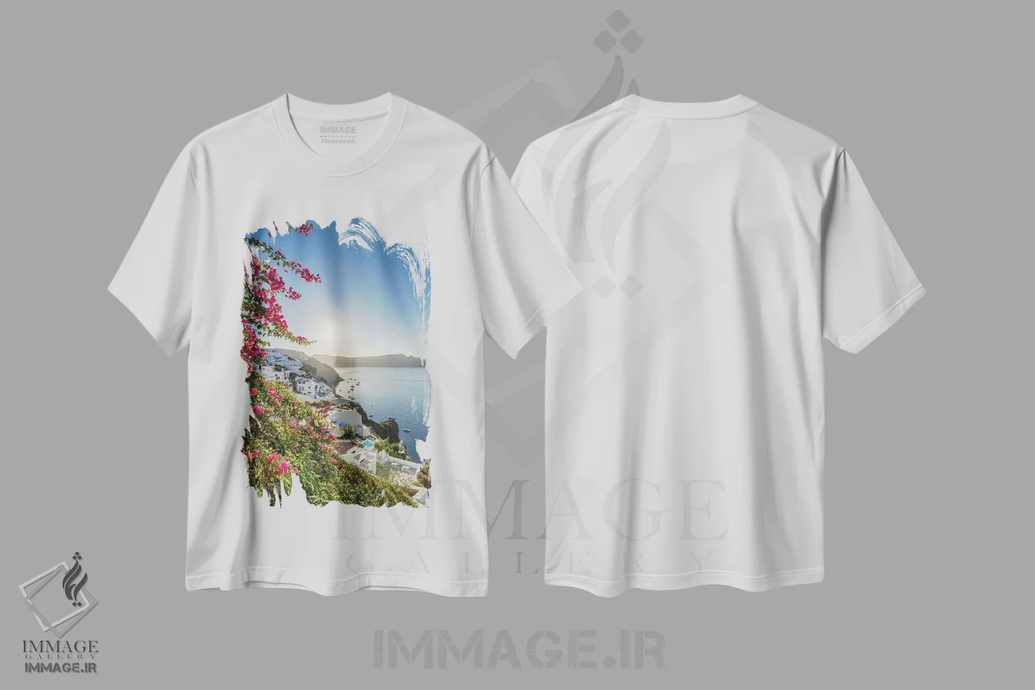 تیشرت سفید طرح دار Santorini, Greece,طلوع خورشید در اویا، سانتورینی، یونان، مدیوم اثر یان بکه | فروشگاه ایماژ