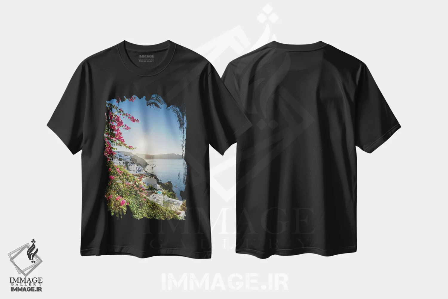 تیشرت مشکی طرح دار Santorini, Greece,طلوع خورشید در اویا، سانتورینی، یونان، مدیوم اثر یان بکه | immage.ir