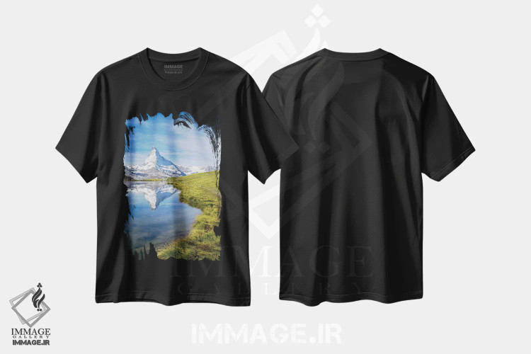تیشرت مشکی طرح دار دریاچه استلی و ماترهورن در تابستان، مدیوم اثر یان بکه | فروشگاه ایماژ