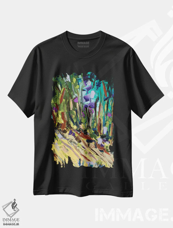 تیشرت مشکی طرح دار جنگل گل ها، آبستره اثر یواخیم مک میلان | فروشگاه ایماژ