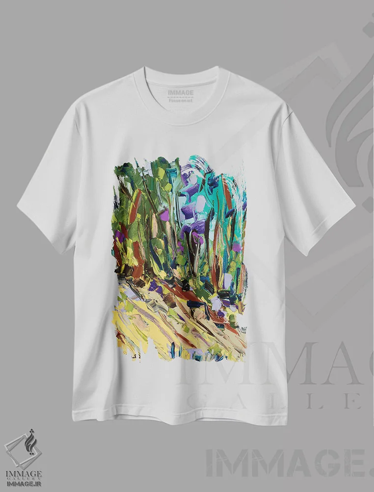 تیشرت سفید طرح دار جنگل گل ها، آبستره اثر یواخیم مک میلان | immage.ir