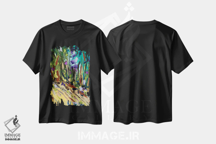 تیشرت مشکی طرح دار جنگل گل ها، آبستره اثر یواخیم مک میلان | فروشگاه ایماژ