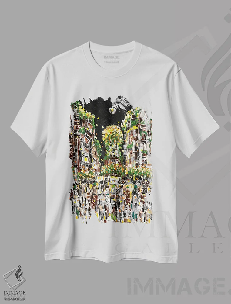 تیشرت سفید طرح دار شهر موزاییکی، آبستره اثر یواخیم مک میلان | immage.ir