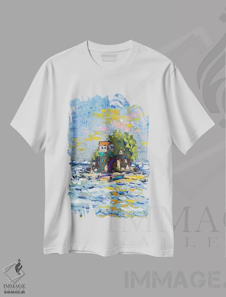 تیشرت سفید طرح دار پناهگاه جزیره ای، دکور معاصر اثر یواخیم مک میلان | immage.ir