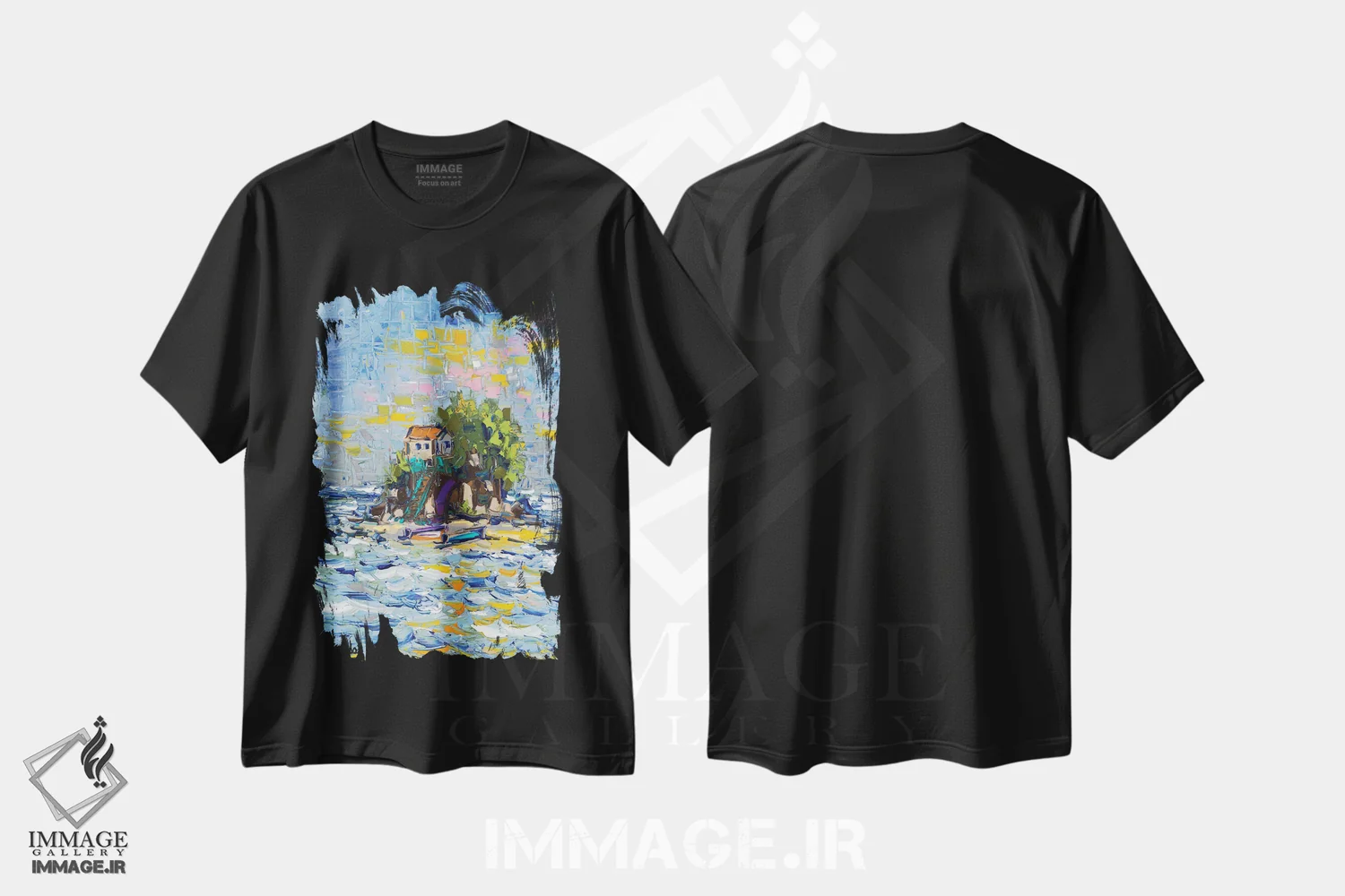 تیشرت مشکی طرح دار پناهگاه جزیره ای، دکور معاصر اثر یواخیم مک میلان | فروشگاه ایماژ