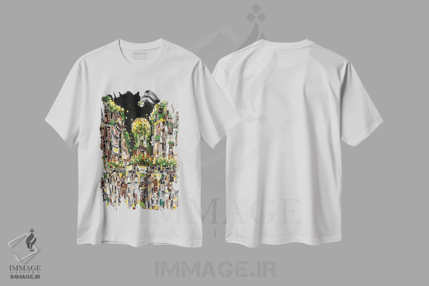 تیشرت سفید طرح دار شهر موزاییکی، آبستره اثر یواخیم مک میلان | immage.ir