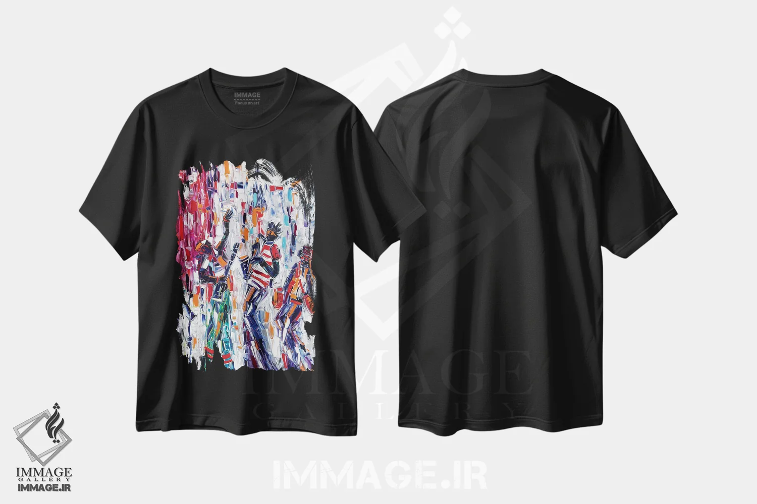تیشرت مشکی طرح دار حس و حال موسیقیایی، هنر آمریکایی آفریقایی تبار اثر یواخیم مک میلان | فروشگاه ایماژ