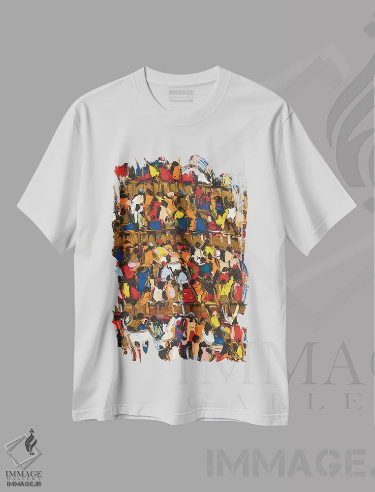 تیشرت سفید طرح دار جمعیت ورزشگاه، هنر فاخر معاصر اثر یواخیم مک میلان | فروشگاه ایماژ