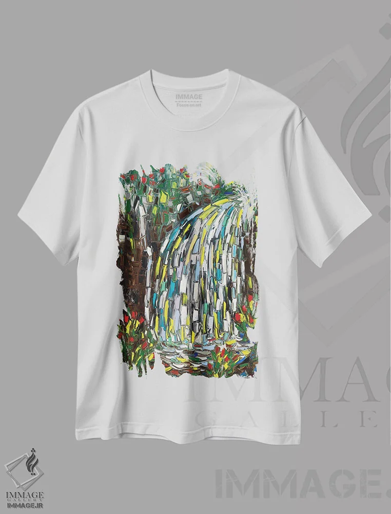 تیشرت سفید طرح دار آبشارهای راه راه، آبستره اثر یواخیم مک میلان | فروشگاه ایماژ