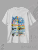 تیشرت سفید طرح دار ساحل گل دار، آبستره اثر یواخیم مک میلان | immage.ir