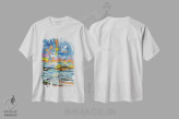 تیشرت سفید طرح دار ساحل گل دار، آبستره اثر یواخیم مک میلان | immage.ir