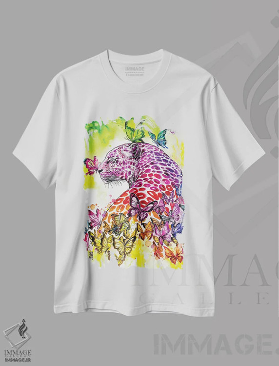 تیشرت سفید طرح دار پلنگ رنگین کمانی، تزئینی اثر جونگکی | فروشگاه ایماژ