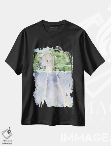 تیشرت مشکی طرح دار مزارع اسطوخودوس ۱، تزئینی اثر جنیفر پکستون پارکر | فروشگاه ایماژ