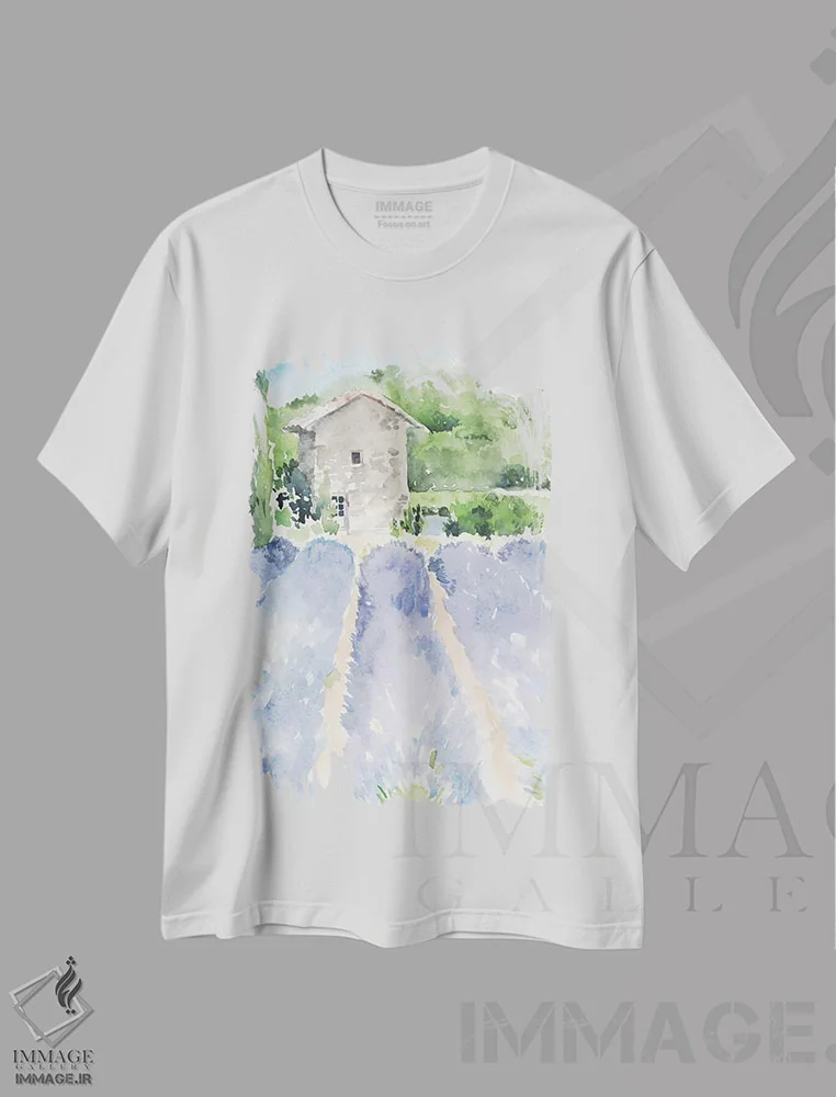 تیشرت سفید طرح دار مزارع اسطوخودوس ۱، تزئینی اثر جنیفر پکستون پارکر | immage.ir