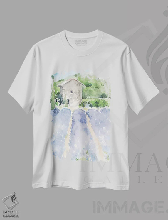 تیشرت سفید طرح دار مزارع اسطوخودوس ۱، تزئینی اثر جنیفر پکستون پارکر | immage.ir