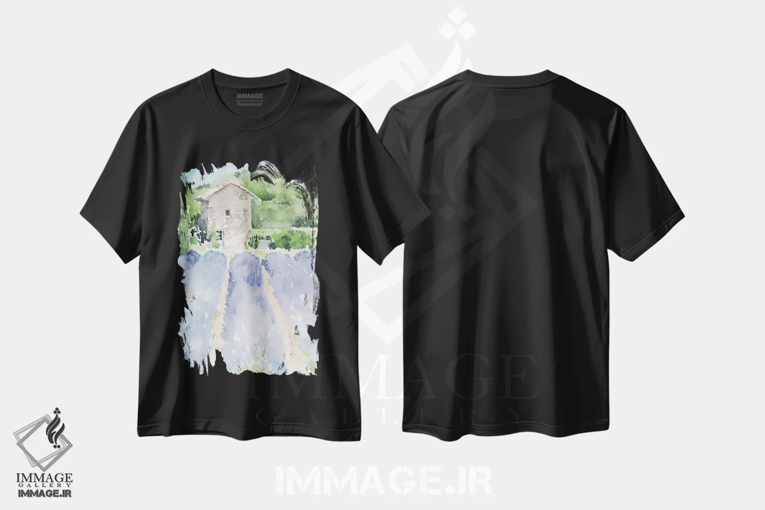 تیشرت مشکی طرح دار مزارع اسطوخودوس ۱، تزئینی اثر جنیفر پکستون پارکر | فروشگاه ایماژ
