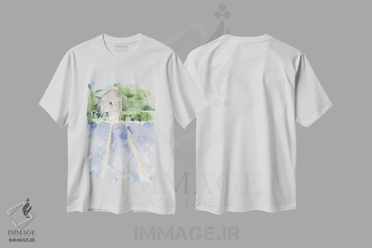 تیشرت سفید طرح دار مزارع اسطوخودوس ۱، تزئینی اثر جنیفر پکستون پارکر | immage.ir