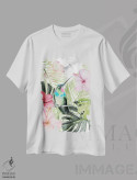 تیشرت سفید طرح دار شکوفه هیبیسکوس و مرغ مگس خوار ۲، تزئینی اثر جنیفر پکستون پارکر | فروشگاه ایماژ