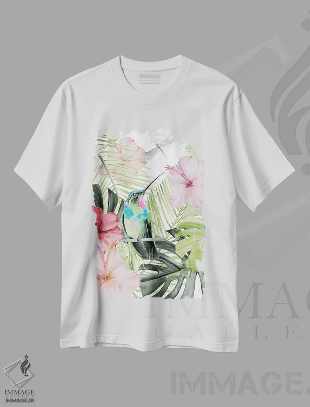 تیشرت سفید طرح دار شکوفه هیبیسکوس و مرغ مگس خوار ۲، تزئینی اثر جنیفر پکستون پارکر | فروشگاه ایماژ