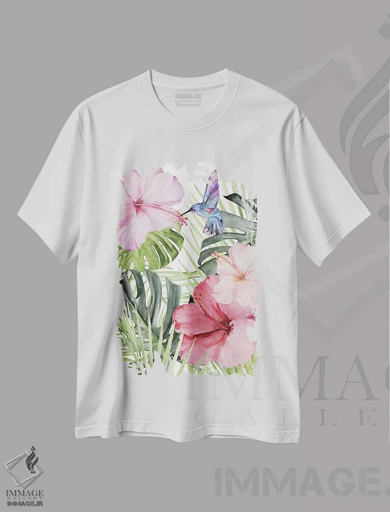 تیشرت سفید طرح دار شکوفه هیبیسکوس و مرغ مگس خوار ۱، تزئینی اثر جنیفر پکستون پارکر | immage.ir