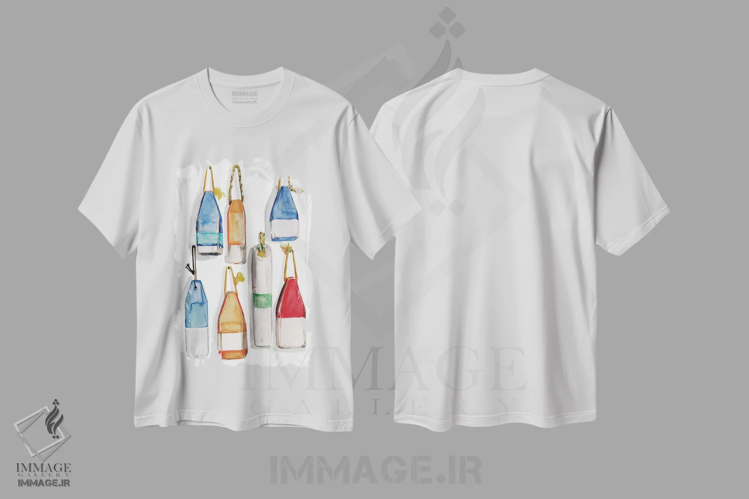 تیشرت سفید طرح دار بویه های نقاشی شده با آبرنگ ۱، دکور ساحلی اثر جنیفر پکستون پارکر | immage.ir