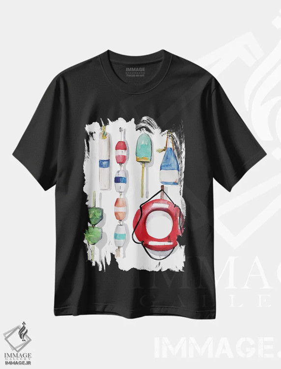 تیشرت مشکی طرح دار بویه های نقاشی شده با آبرنگ ۲، دکور ساحلی اثر جنیفر پکستون پارکر | immage.ir