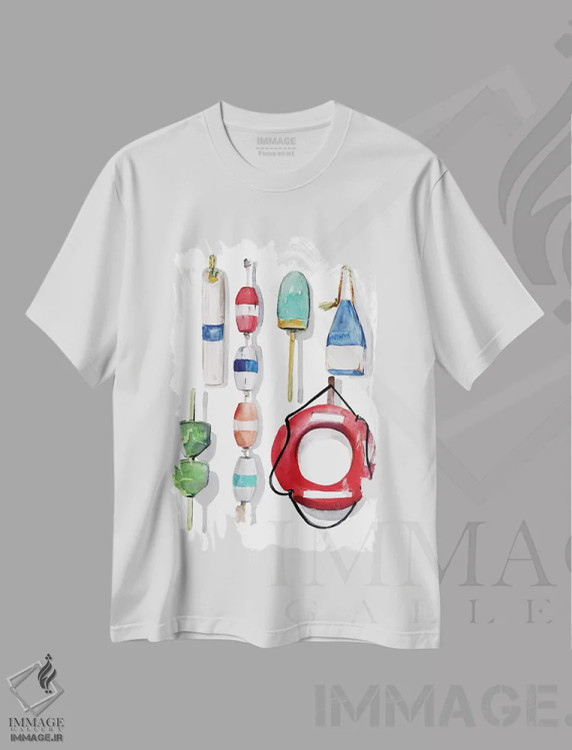 تیشرت سفید طرح دار بویه های نقاشی شده با آبرنگ ۲، دکور ساحلی اثر جنیفر پکستون پارکر | فروشگاه ایماژ