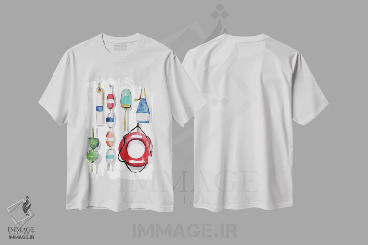 تیشرت سفید طرح دار بویه های نقاشی شده با آبرنگ ۲، دکور ساحلی اثر جنیفر پکستون پارکر | فروشگاه ایماژ