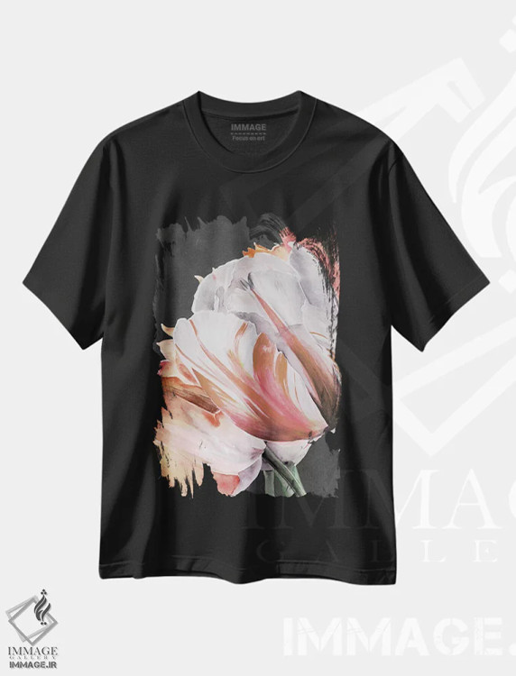 تیشرت مشکی طرح دار لاله های پاستلی به شکل طوطی ۳، تزئینی اثر جنیفر پکستون پارکر | فروشگاه ایماژ