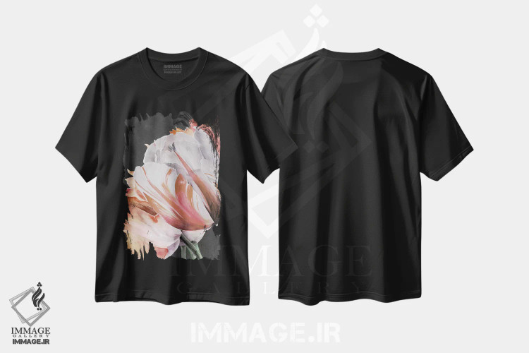 تیشرت مشکی طرح دار لاله های پاستلی به شکل طوطی ۳، تزئینی اثر جنیفر پکستون پارکر | فروشگاه ایماژ