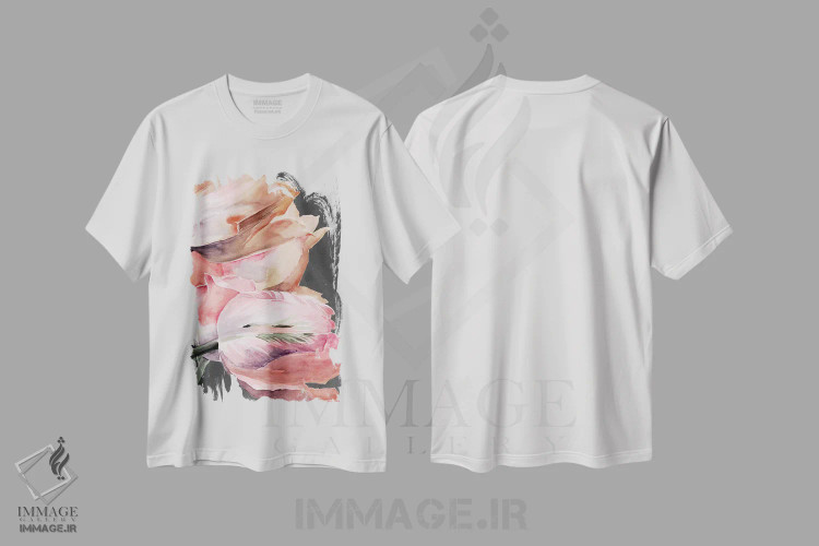 تیشرت سفید طرح دار لاله های پاستلی به شکل طوطی ۴، تزئینی اثر جنیفر پکستون پارکر | فروشگاه ایماژ