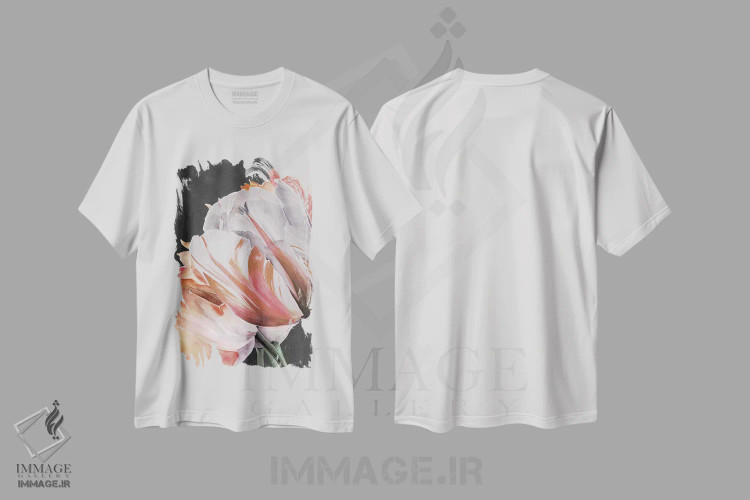 تیشرت سفید طرح دار لاله های پاستلی به شکل طوطی ۳، تزئینی اثر جنیفر پکستون پارکر | immage.ir