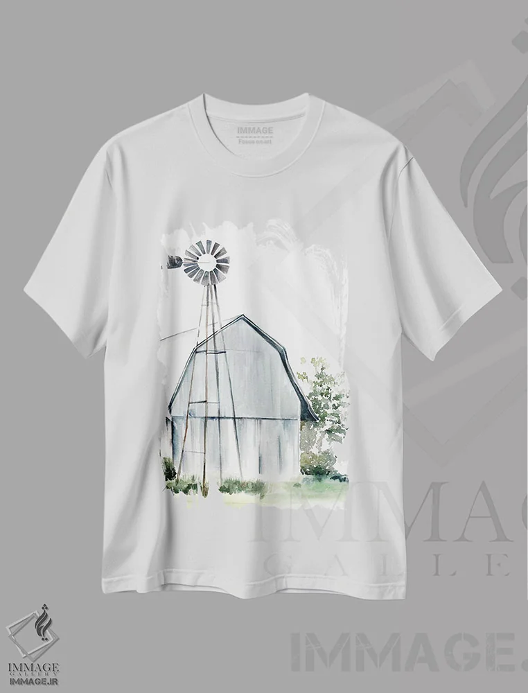 تیشرت سفید طرح دار انبار کشاورزی با آبرنگ ۱، دکور روستایی اثر جنیفر پکستون پارکر | فروشگاه ایماژ