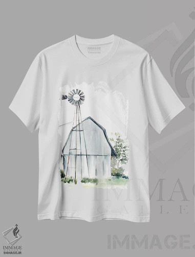 تیشرت سفید طرح دار انبار کشاورزی با آبرنگ ۱، دکور روستایی اثر جنیفر پکستون پارکر | فروشگاه ایماژ