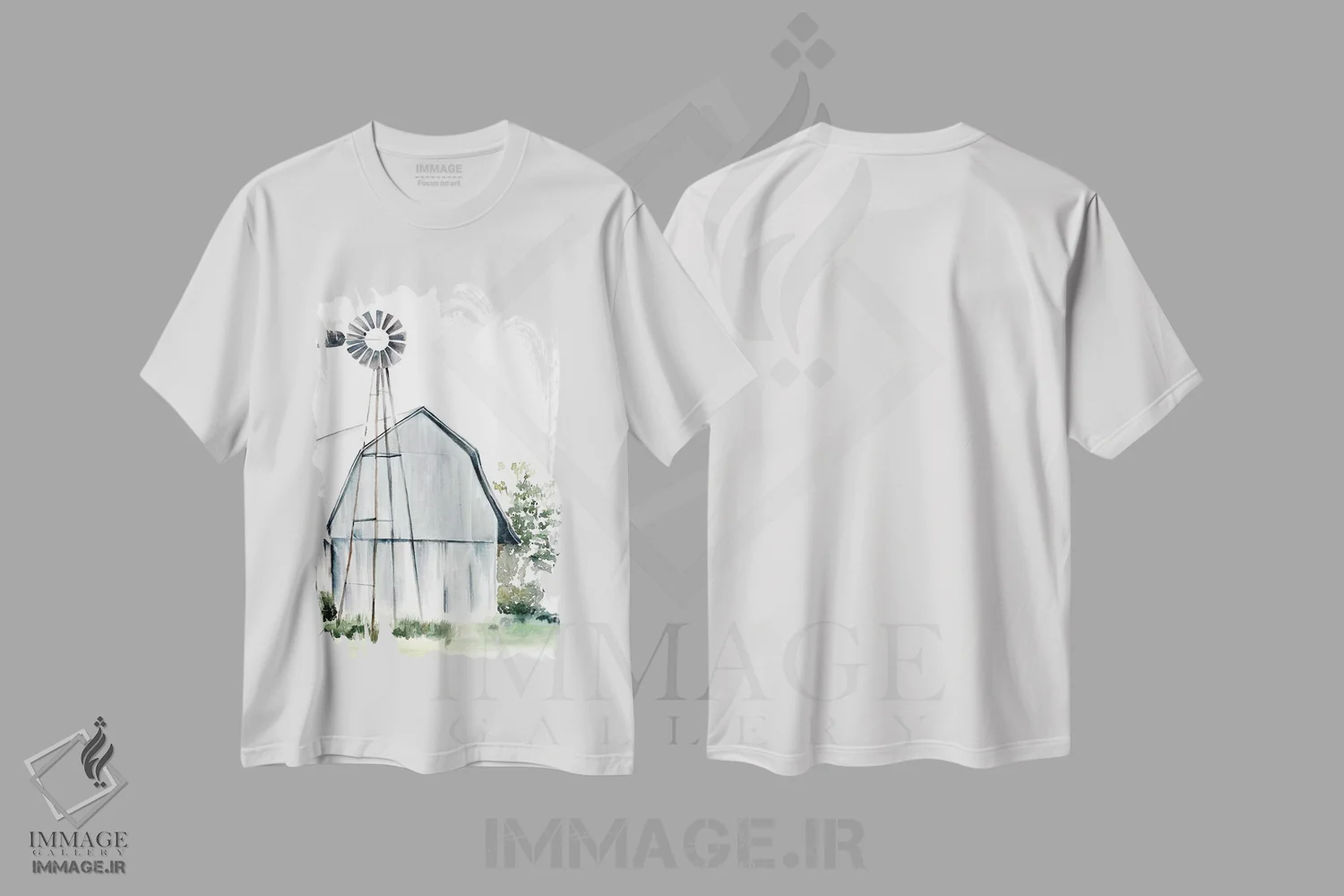 تیشرت سفید طرح دار انبار کشاورزی با آبرنگ ۱، دکور روستایی اثر جنیفر پکستون پارکر | فروشگاه ایماژ