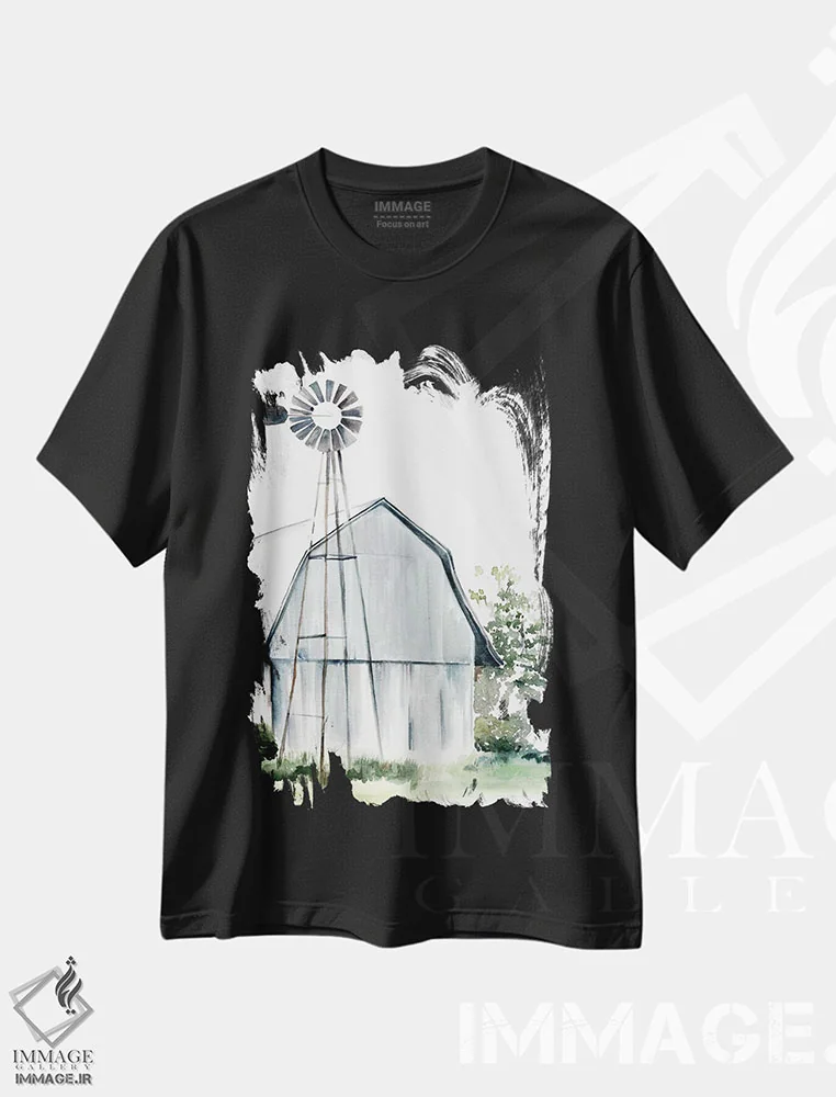 تیشرت مشکی طرح دار انبار کشاورزی با آبرنگ ۱، دکور روستایی اثر جنیفر پکستون پارکر | immage.ir