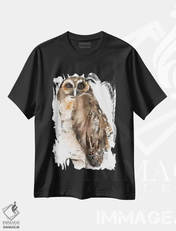 تیشرت مشکی طرح دار جغد با آبرنگ ۱، تزئینی اثر جنیفر پکستون پارکر | فروشگاه ایماژ