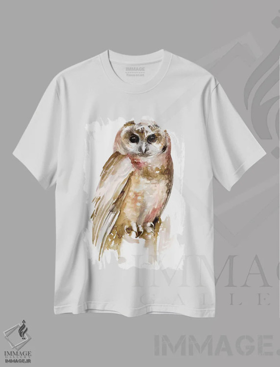 تیشرت سفید طرح دار جغد با آبرنگ ۲، تزئینی اثر جنیفر پکستون پارکر | فروشگاه ایماژ