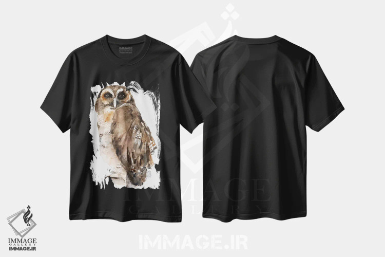 تیشرت مشکی طرح دار جغد با آبرنگ ۱، تزئینی اثر جنیفر پکستون پارکر | فروشگاه ایماژ