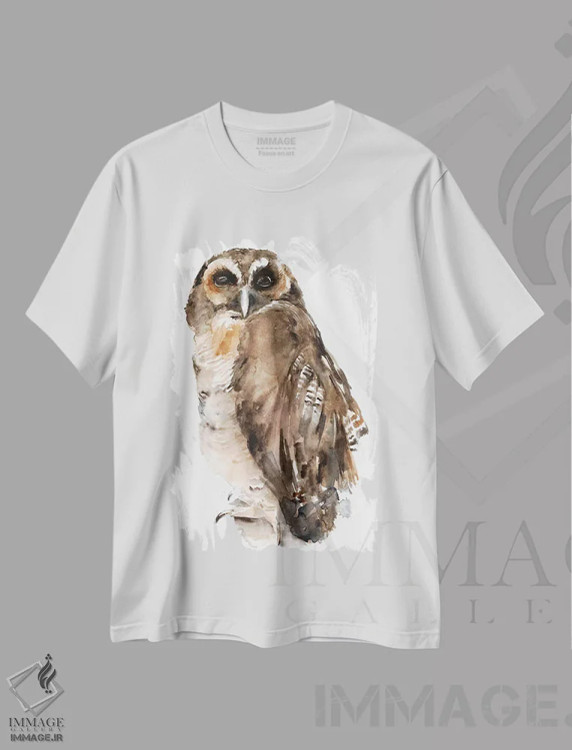 تیشرت سفید طرح دار جغد با آبرنگ ۱، تزئینی اثر جنیفر پکستون پارکر | immage.ir