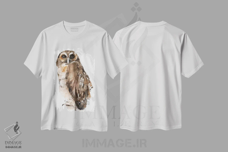 تیشرت سفید طرح دار جغد با آبرنگ ۱، تزئینی اثر جنیفر پکستون پارکر | immage.ir