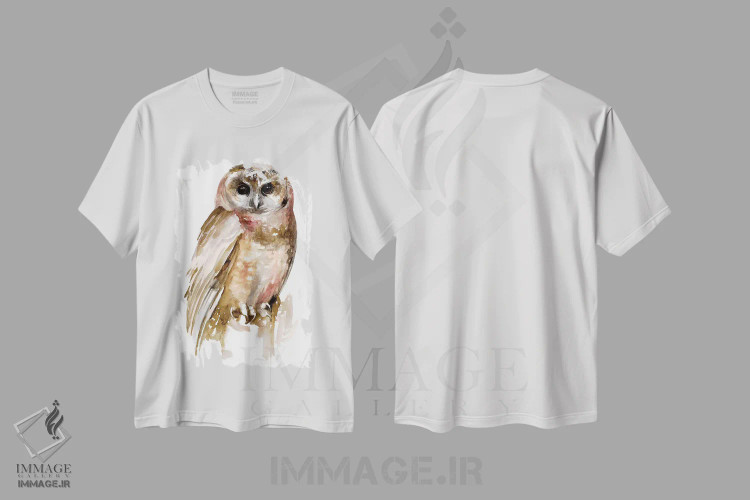 تیشرت سفید طرح دار جغد با آبرنگ ۲، تزئینی اثر جنیفر پکستون پارکر | فروشگاه ایماژ