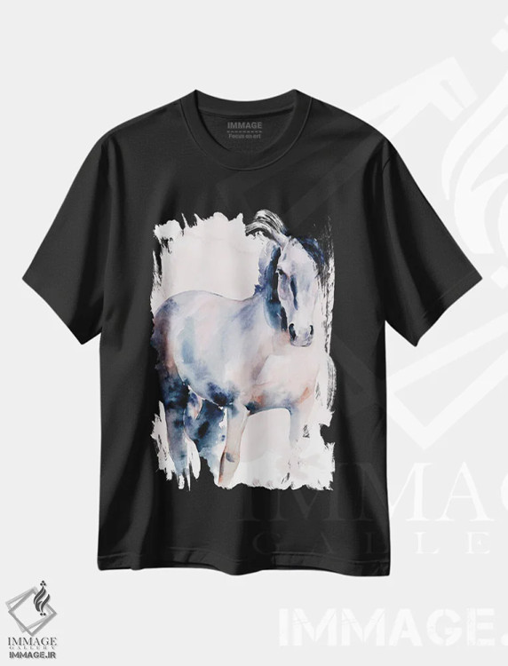 تیشرت مشکی طرح دار اسب به سبک آبرنگ ۱، مدیوم اثر جنیفر پکستون پارکر | فروشگاه ایماژ