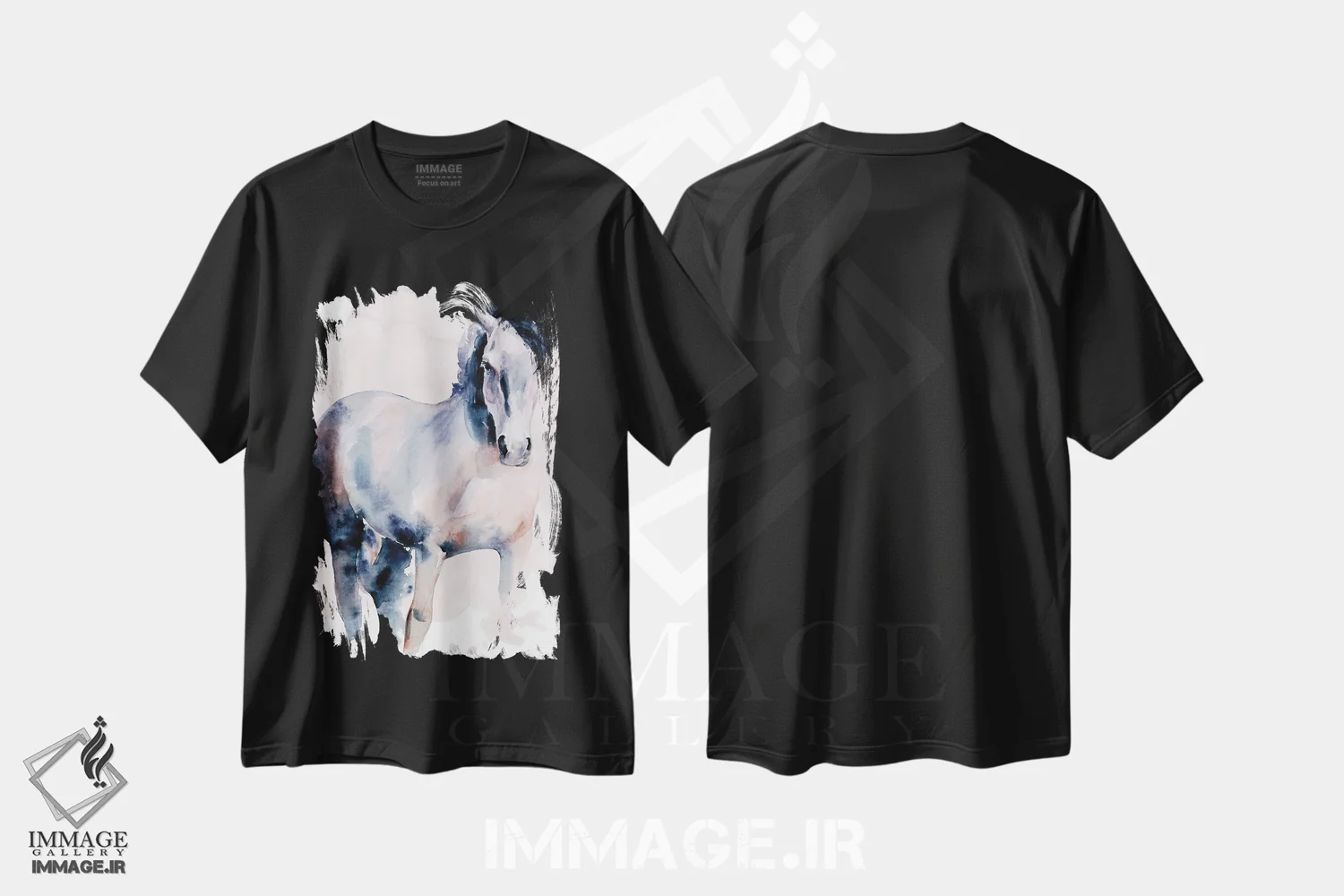 تیشرت مشکی طرح دار اسب به سبک آبرنگ ۱، مدیوم اثر جنیفر پکستون پارکر | فروشگاه ایماژ