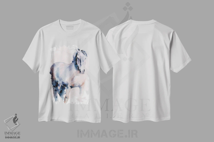 تیشرت سفید طرح دار اسب به سبک آبرنگ ۱، مدیوم اثر جنیفر پکستون پارکر | immage.ir