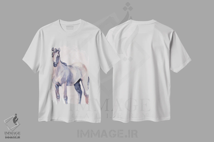 تیشرت سفید طرح دار اسب به سبک آبرنگ ۲، مدیوم اثر جنیفر پکستون پارکر | فروشگاه ایماژ