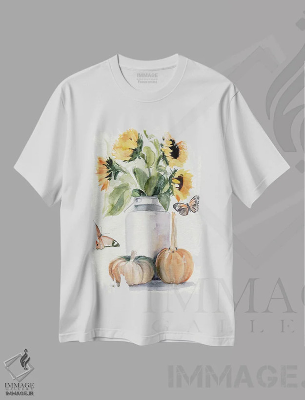 تیشرت سفید طرح دار آفتابگردان های پاییزی ۲، مدیوم اثر جنیفر پکستون پارکر | فروشگاه ایماژ